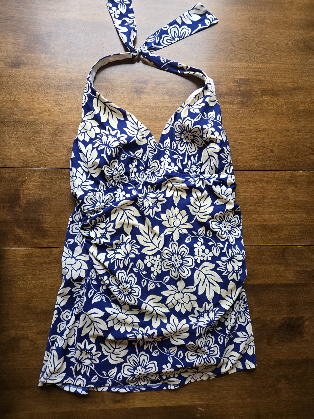 L.L. Bean Navy and White Floral Halter One-Piece Swimdress